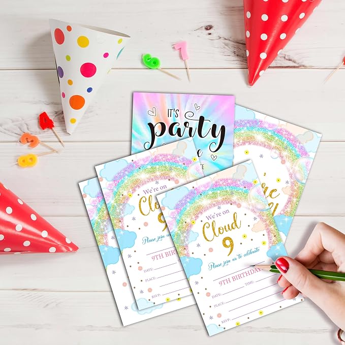 9th Birthday Invitations, 25 Double-Sided Rainbow Clouds Party Invitation Cards - Image 3