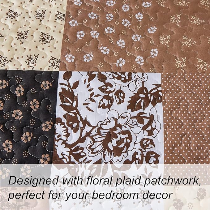 Mybedsoul Brown Quilt Set Twin Size, 2 Pieces Plaid Floral Bedspread Set - Image 7