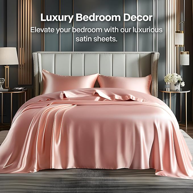 BEDELITE California King Sheets Set, Luxury Soft Rose Pink Satin Sheets - Image 2