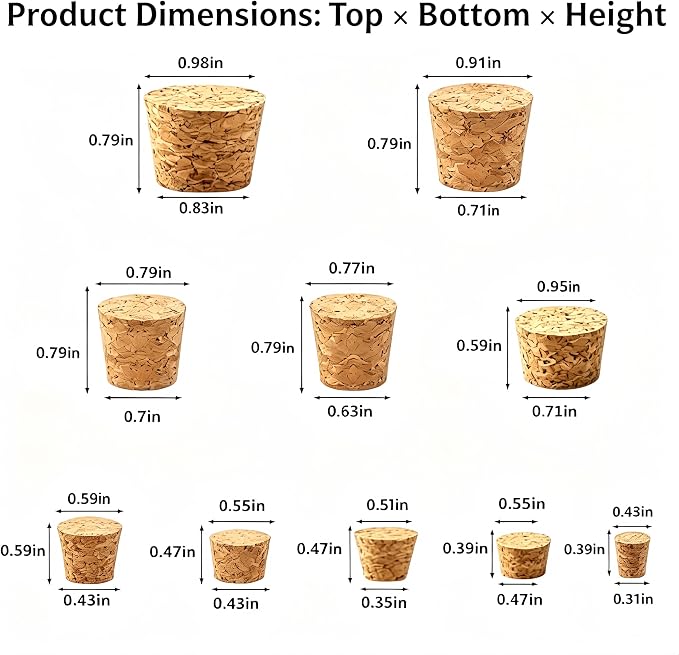 100 Pack Tapered Cork Stoppers, 10 Sizes Assorted Natural Wooden Wine Bottle - Image 2
