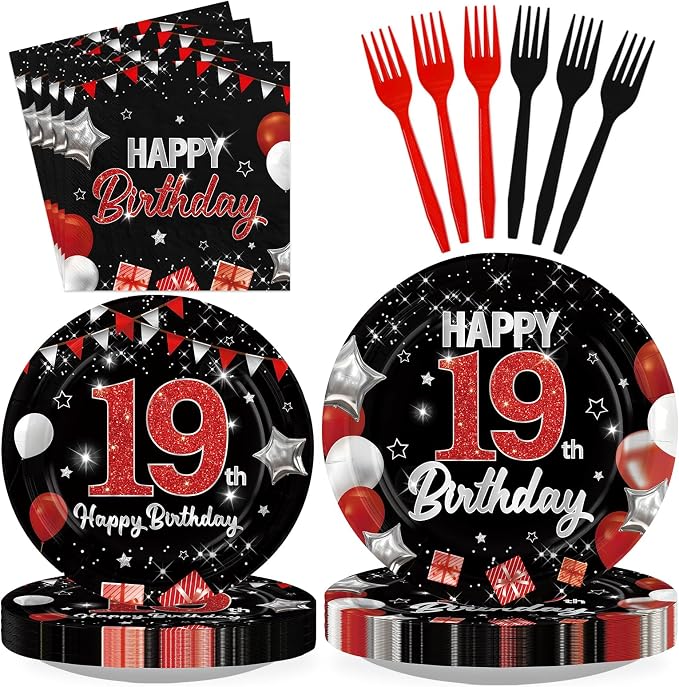 96Pcs Red and Black Party Decorations Happy 19th Birthday Plates and Napkins by Greencian