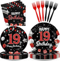 96Pcs Red and Black Party Decorations Happy 19th Birthday Plates and Napkins by Greencian