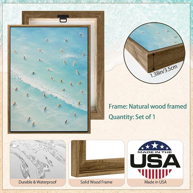 Aerial View Surfers Ocean Canvas Wall Art Print Turquoise Blue Coastal - Image 6