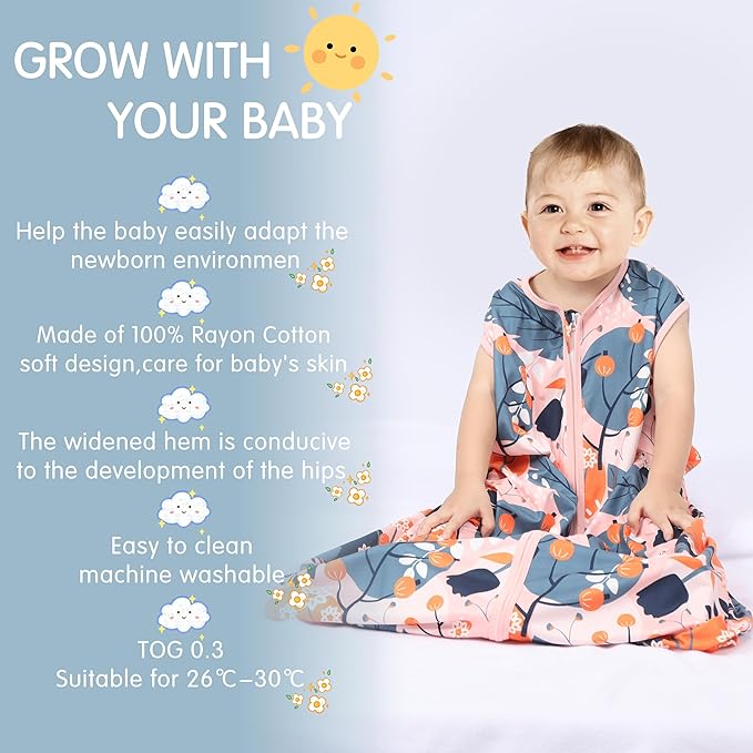 3 Pack Baby Sleep Sack 100% Rayon Cotton Baby Sleeping Bag 2-Way Zipper Toddler Wearable Blankets TOG 0.3. (Gerbera&Tulips&Pink, 12-18 Months)