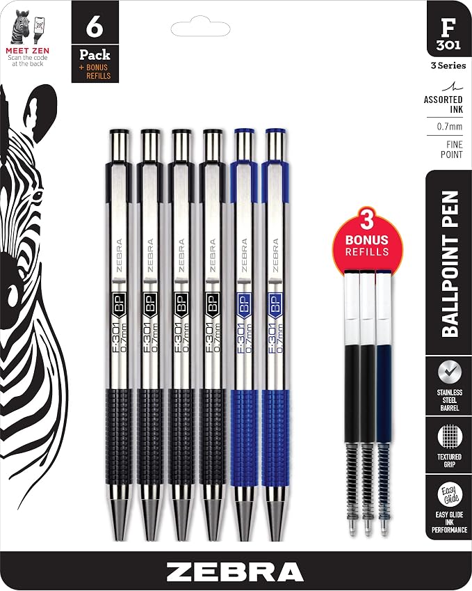 Zebra Pen F-301 Ballpoint Black and Blue Ink Fine Point 0.7mm Stainless Steel by ZebraPen