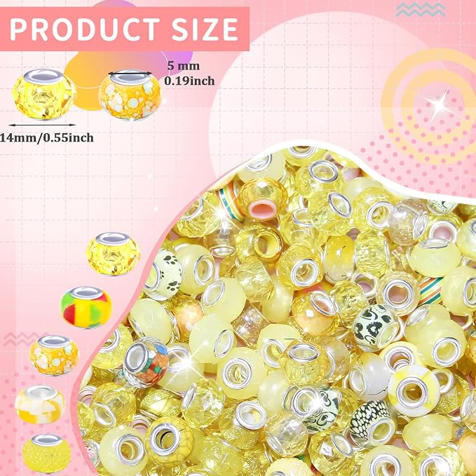 200Pcs Large Hole Beads Spacer Beads Yellow Assorted European Craft Big Beads - Image 2