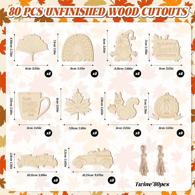 Subacy 80 PCS Unfinished Thanksgiving Wood Cutouts 10 Styles DIY Wooden Crafts - Image 2