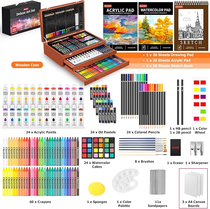 Soucolor 192-Pack Deluxe Art Set, Drawing Painting Kit, Wooden Case Gift | - Image 2