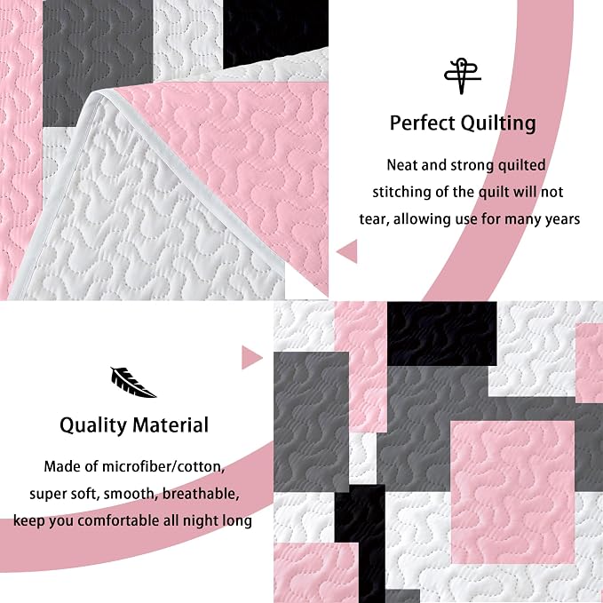 Tyrot 3 Piece Pink Grey Quilt Set California King Size Pink Gray White - Image 4