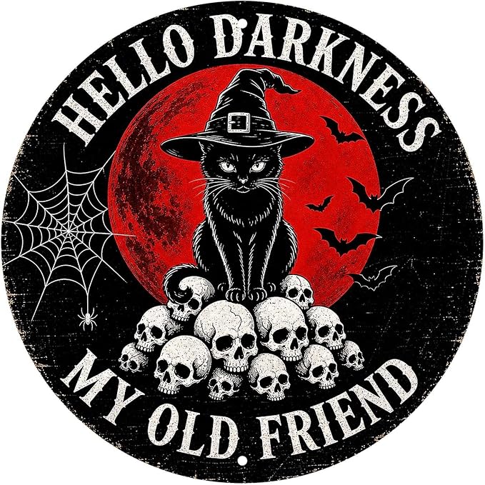 Gothic Black Cat Skull Halloween Metal Tin Sign Round Wall Decor Blood Moon by Unknown