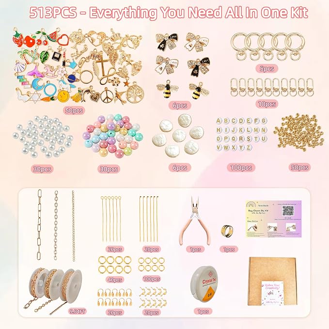 NewOasis 513Pcs Gold Keychain Making Kit & Bag Charm Kit, DIY Lip Gloss Charms - Image 2