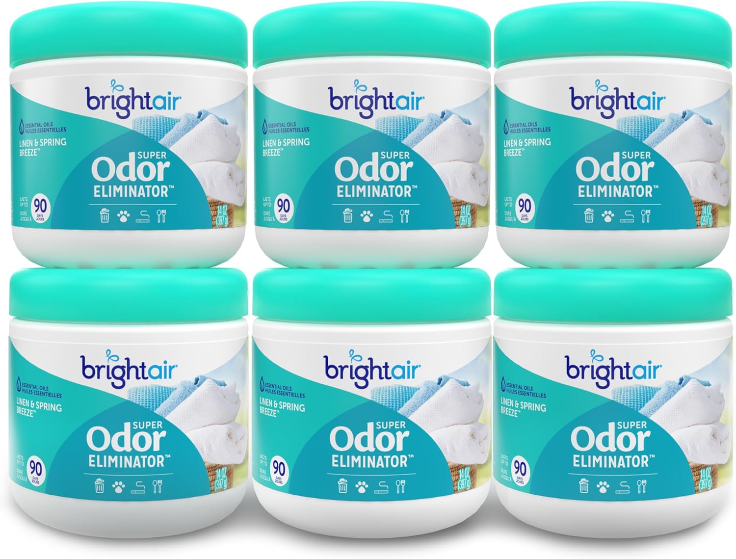 Bright Air 14 oz. Super Odor Eliminator, For Medium-Size Spaces, Linen & Spring Breeze Scent, Case of 6, Air Freshener, Natural Essential Oils, Lasts Up to 90 Days Each