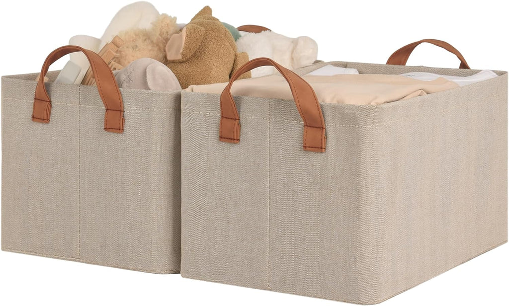 StorageWorks Storage Bins, Fabric Storage Bins for Shelves, Storage Baskets with Metal Frame, Closet Baskets and Bins with Handles, Brown and Beige, 2-Pack