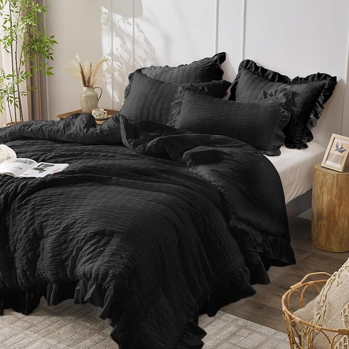 JOLLYVOGUE Black Comforter Full Size, 3 Pieces Seersucker Lightweight Full Size - Image 2