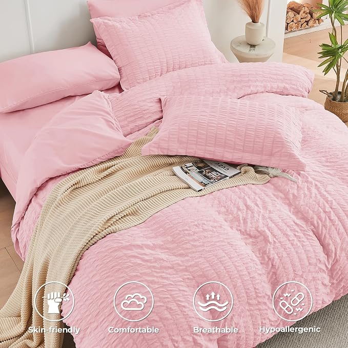 HYMOKEGE Pink California King Comforter Set Seersucker 7 Pieces, All Season - Image 3