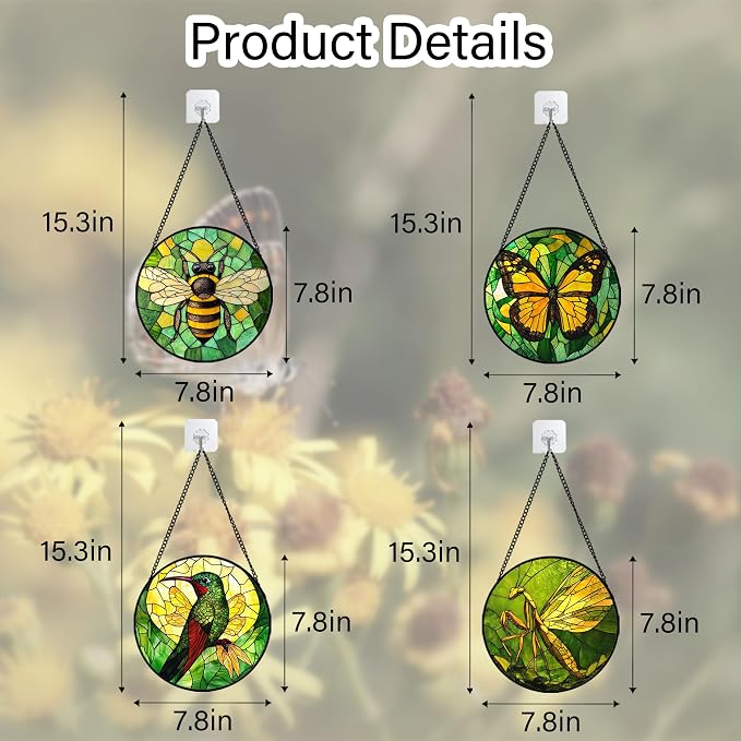 DASTOLL Stained Glass Window Hanging 4 Pcs Set Green Plants Yellow Insect Theme - Image 6