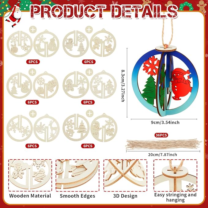 Chunful 72 Pcs DIY Wooden Crafts to Paint 3D Unfinished Paint Your Own - Image 4