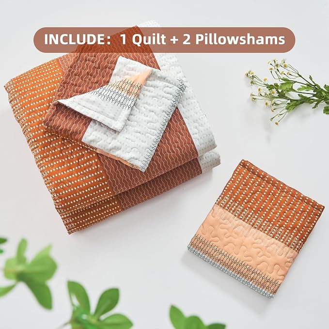 Andency Orange Quilt Cal King, 3 Pieces Patchwork Striped Bedspread Coverlet Set - Image 7