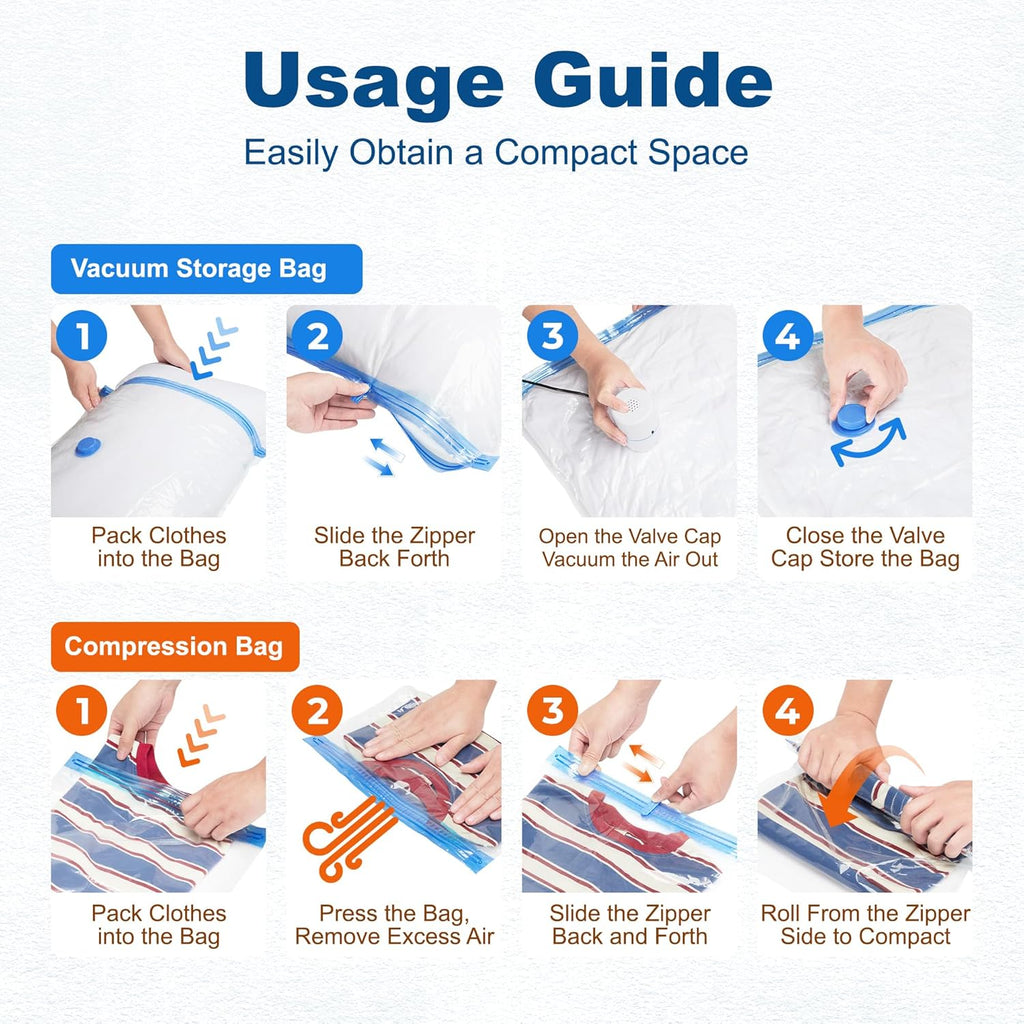 HOUSE DAY 30 Pack Vacuum Storage Bags with Electric Pump, 4 Sizes + 2 Roll-Up (5 Each), Space Saver Vacuum Seal Bags for Clothing, Bedding, Pillows, Travel – Airtight Seal, Reusable & Durable