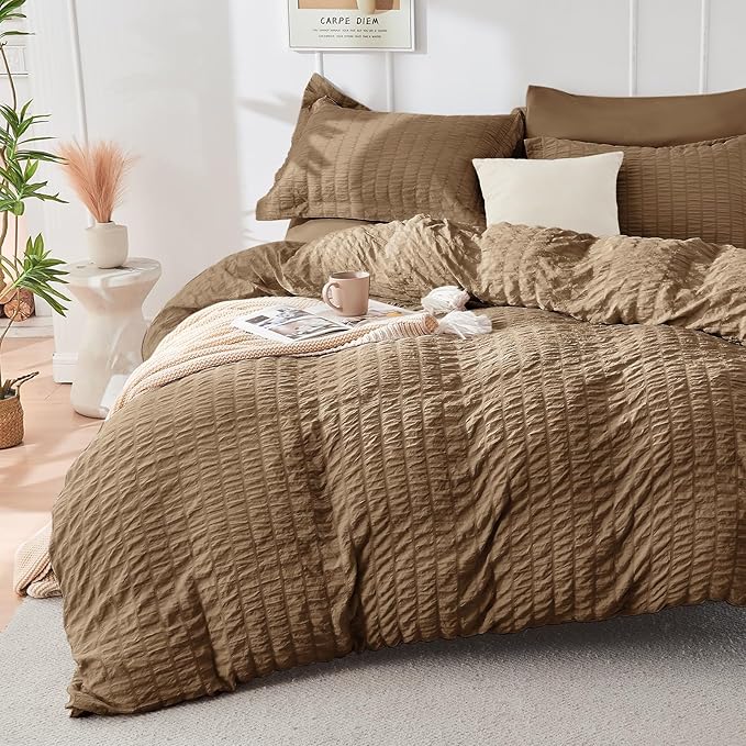 HYMOKEGE Brown Full Size Comforter Sets Seersucker 7 Pieces, All Season Luxury - Image 2