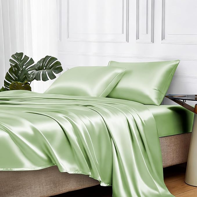 MR&HM Satin Bed Sheets with Elastic Corner Straps, King Size Sheets Set by MRHM