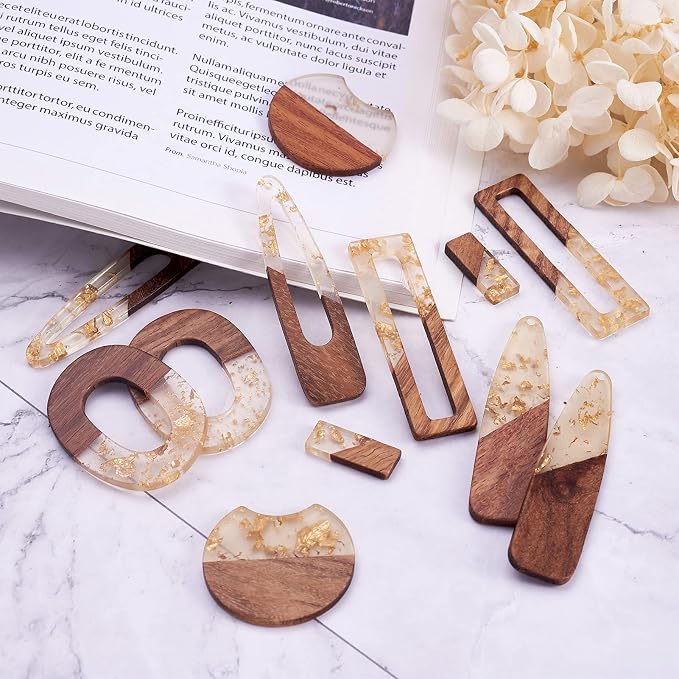 FASHEWELRY 12Pcs Resin & Walnut Pendants 6 Styles Rectangle Oval Bullet - Image 5