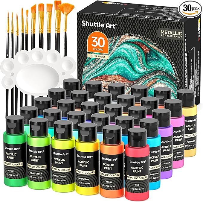 Shuttle Art 30 Colors Metallic Acrylic Paint, Artist Grade Metallic Paint in by ShuttleArt