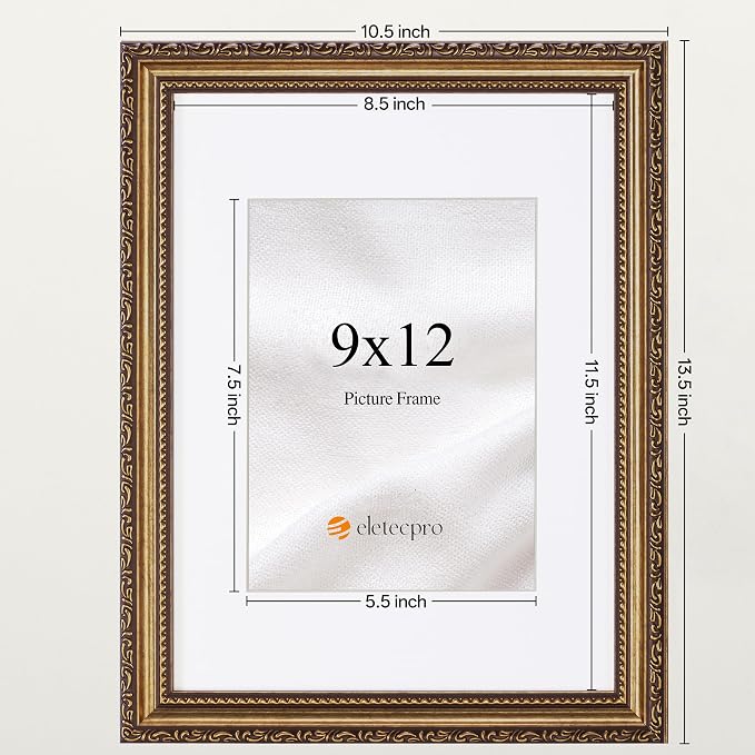 eletecpro 9x12 Vintage Picture Frame, Glass Cover, Bronze Gold, Horizontal or - Image 3