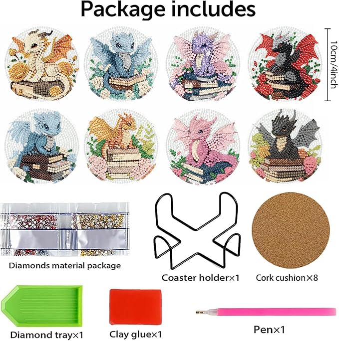 8 PCS Diamond Art Coasters Kits Dragon Book Diamond Painting Coaster | Diamond - Image 6