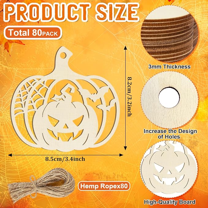 80PCS Wooden Halloween Decoration Pumpkins Ornaments to Paint Happy Halloween - Image 2
