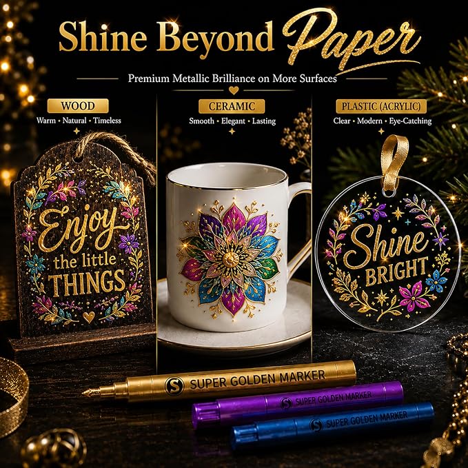 SAKEYR Super Golden Metallic Paint Markers, 12 Colors Sparkle Metallic Glitter - Image 8
