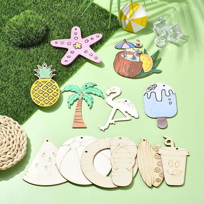 32 pcs Mixed Styles Beach Theme Unfinished Wood Cutout Charms Watermelon Ice - Image 5
