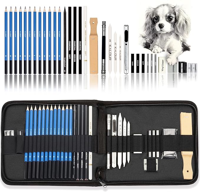 KALOUR 33 Pro Drawing Kit Sketching Pencils Set, Portable Zippered Travel by KALOUR