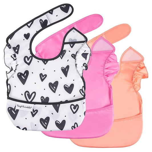 Tiny Twinkle Mess Proof Baby Bibs for Eating – Waterproof, Wipeable Toddler Bibs with Pocket – Baby Food Bibs for Girls & Boys(3 Pack,Girl Hearts)