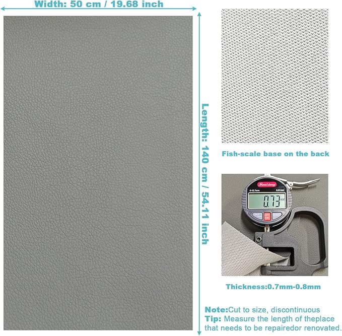 Grey Faux Leather Fabric 20"×55" Lychee Grain Upholstery Vinyl - Image 4