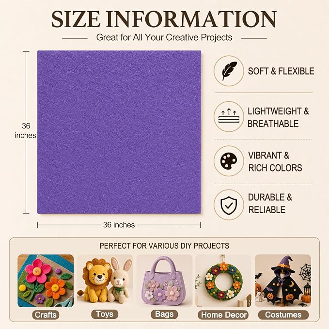 Lavender Large Felt Fabric 36" x 36", 1.4 mm Soft Felt Sheet, Nonwoven Fabric - Image 3