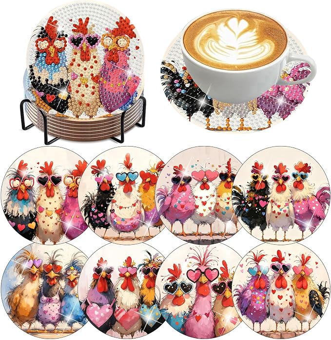Zythron 8 Pack Diamond Art Coasters, Chicken Diamond Painting Coasters Kits | by Zythron