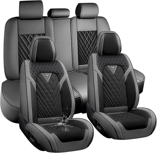Car Seat Covers Full Coverage Seat Cover Premium Waterproof Faux Leather Cushion Universal Accessories Fit SUV Sedan Automotive Vehicle Auto Interior Seat Protector Full Set(5 Seat,Black&Gray)