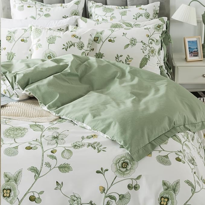 FADFAY Green Duvet Cover Set Queen Floral Bedding 100% Cotton Shabby Vintage - Image 9