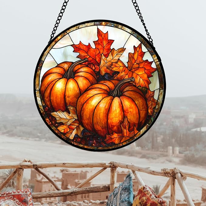 DASTOLL Stained Glass Window Hanging, Pumpkin Maple Leaf Suncatcher - Image 3