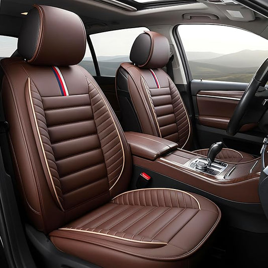 OASIS AUTO Car Seat Covers Premium Waterproof Faux Leather Cushion Universal Accessories Fit SUV Truck Sedan Automotive Vehicle Auto Interior Protector Front Pair (OS-001 Brown)