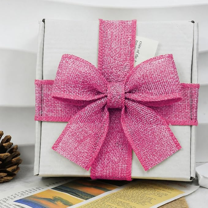 Pink Burlap Ribbon 1-1/2 inch X 10 Yard Pink Linen Wired Ribbon | Natural Linen - Image 5