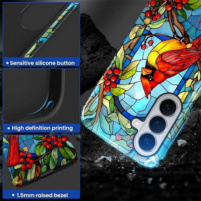 for Samsung Galaxy S26+ Case, Stained Glass Cardinal Bird Pattern Glossy 2 in 1 - Image 3