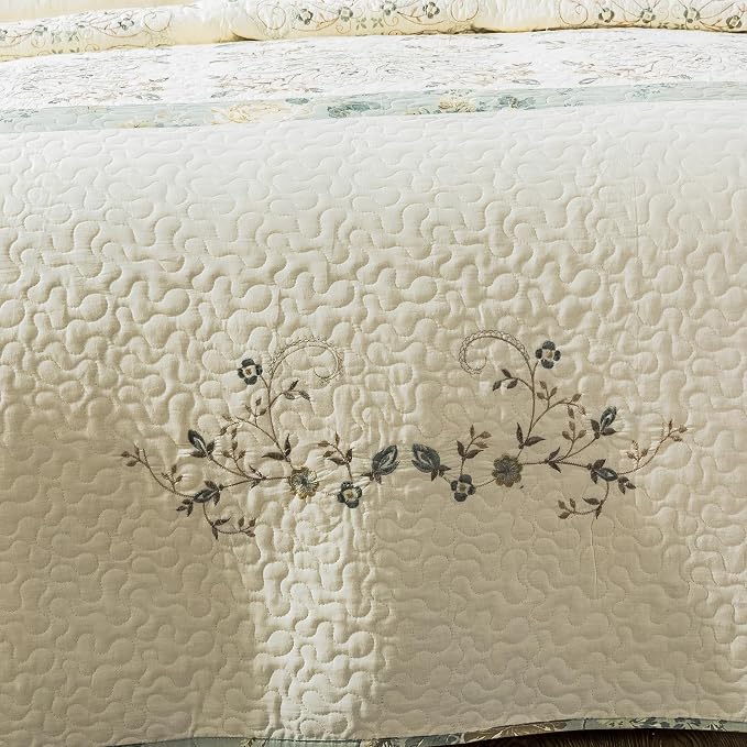ROOMLIFE Quilt Set Full/Queen Size 3D Floral Embroidery Pattern 3-Piece Cotton - Image 7