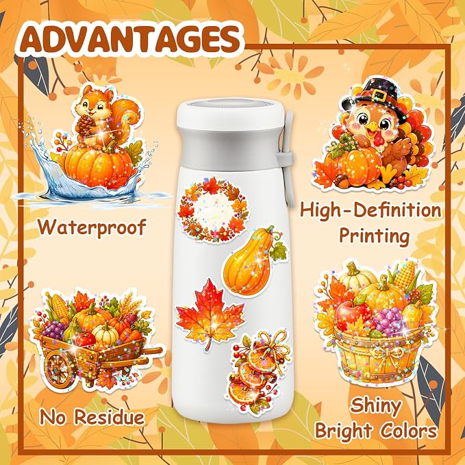 100 Pcs Thanksgiving Fall Waterproof Vinyl Theme Glitter Holographic Stickers - Image 3
