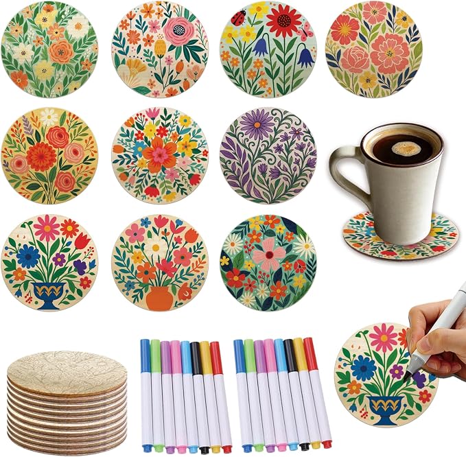 26PCS Wood Coasters Craft Kit 10 Paint You Own Coaster by TWINKLEMON