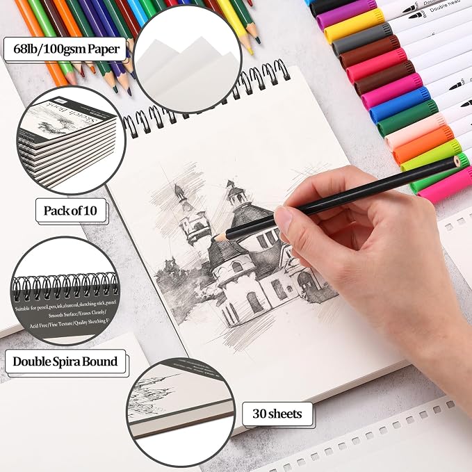Jexine 10 Pcs 5.5'' x 8.5'' Top Spiral Bound Sketch Book 30 Sheet Each - Image 4