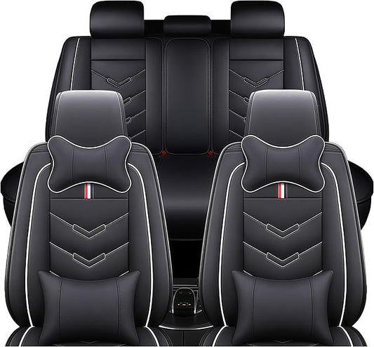 Leather Car Seat Covers Fit for LR Range Rover Evoque 2019-2025, 5 Seater Waterproof and Wear-Resistant Seat Cover Interior Accessories(Full Set with Pillow,Black&White)