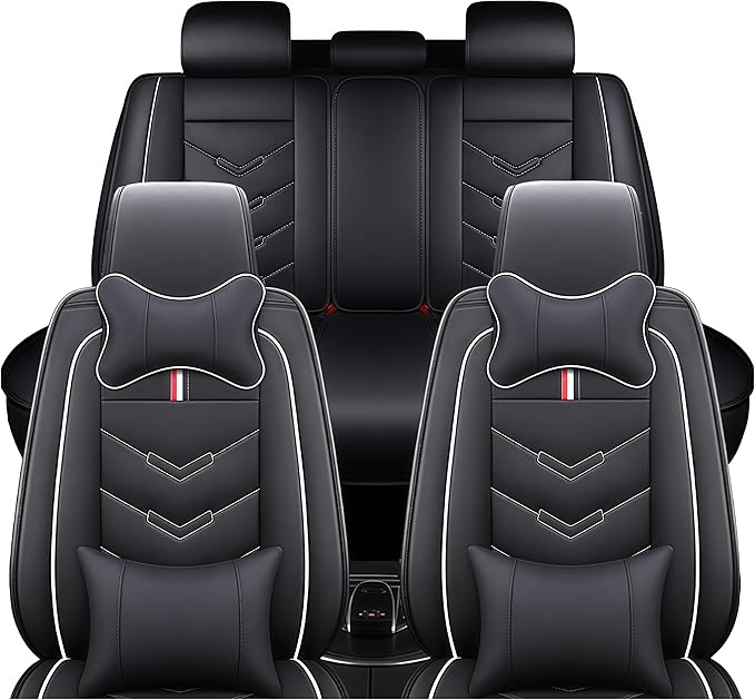 Leather Car Seat Covers Fit for LR Range Rover Sport 2023-2025, 5 Seater Waterproof and Wear-Resistant Seat Cover Interior Accessories(Full Set with Pillow,Black&White)