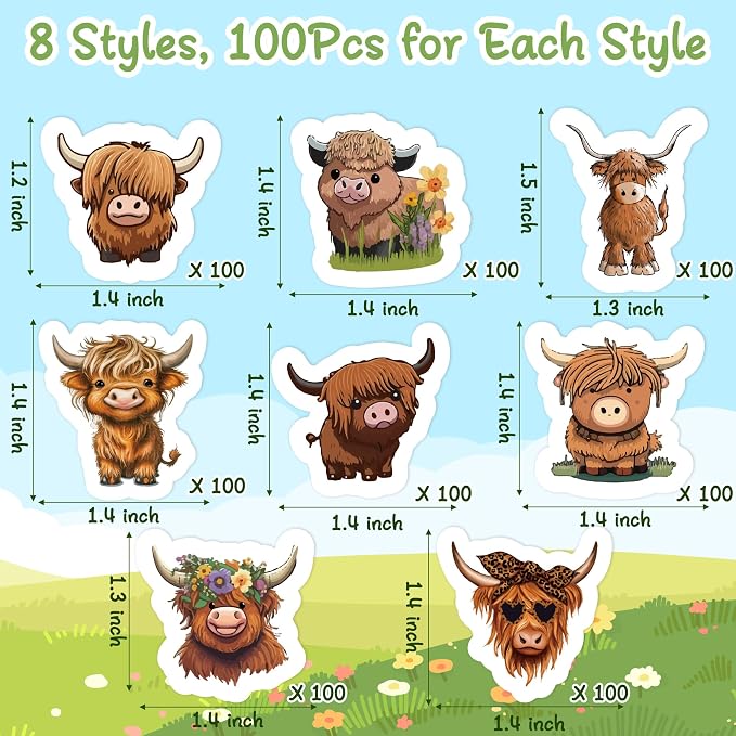 800Pcs Cute Highland Cow Roll Stickers Hyland Cattle Decals | 8 Styles - Image 2